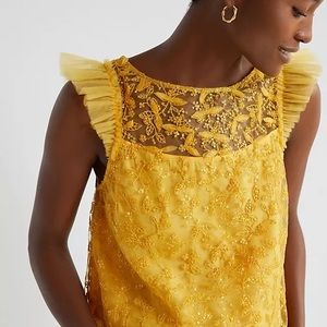 Anthropologie Yellow Embroidered Flutter Tulle Sequined Top size small